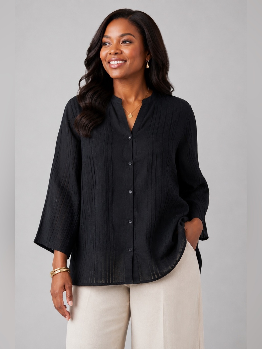 LAURA ASHLEY Button TOP 3/4 Sleeve BLACK Linen Size MP